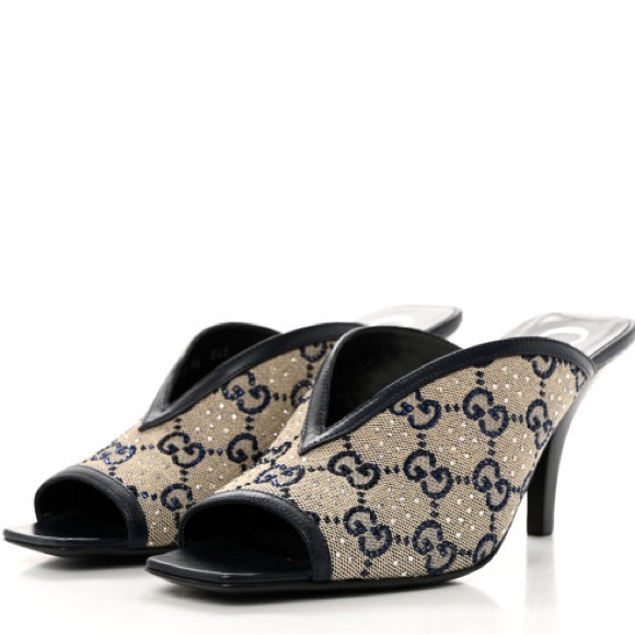 GUCCI Canvas Crystal GG Monogram Square G 95mm Slide Sandals 39.5 Beige Blue - Picture 1 of 8